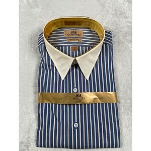 Stafford Executive Gold Mens Dress Shirt 17 33 Blue White Stripe Contrast Collar